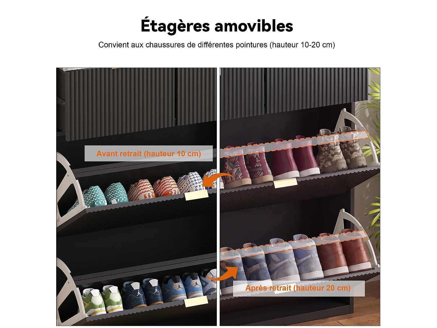 Meuble à Chaussures Grande Capacité avec Étagères Réglables - Anti-Basculement - 2 tiroirs de rangement - Poignées Dorées - Noir