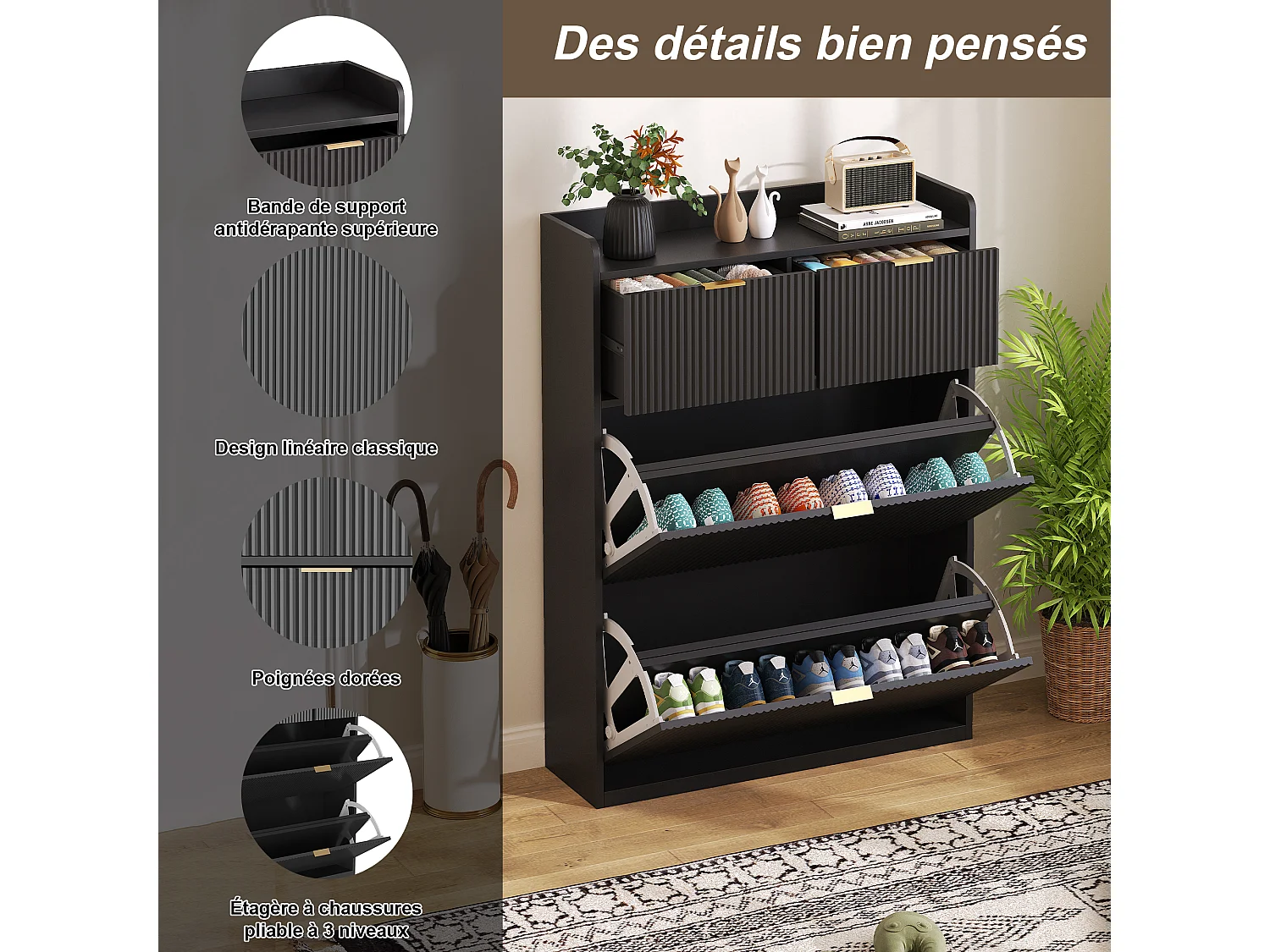Meuble à Chaussures Grande Capacité avec Étagères Réglables - Anti-Basculement - 2 tiroirs de rangement - Poignées Dorées - Noir