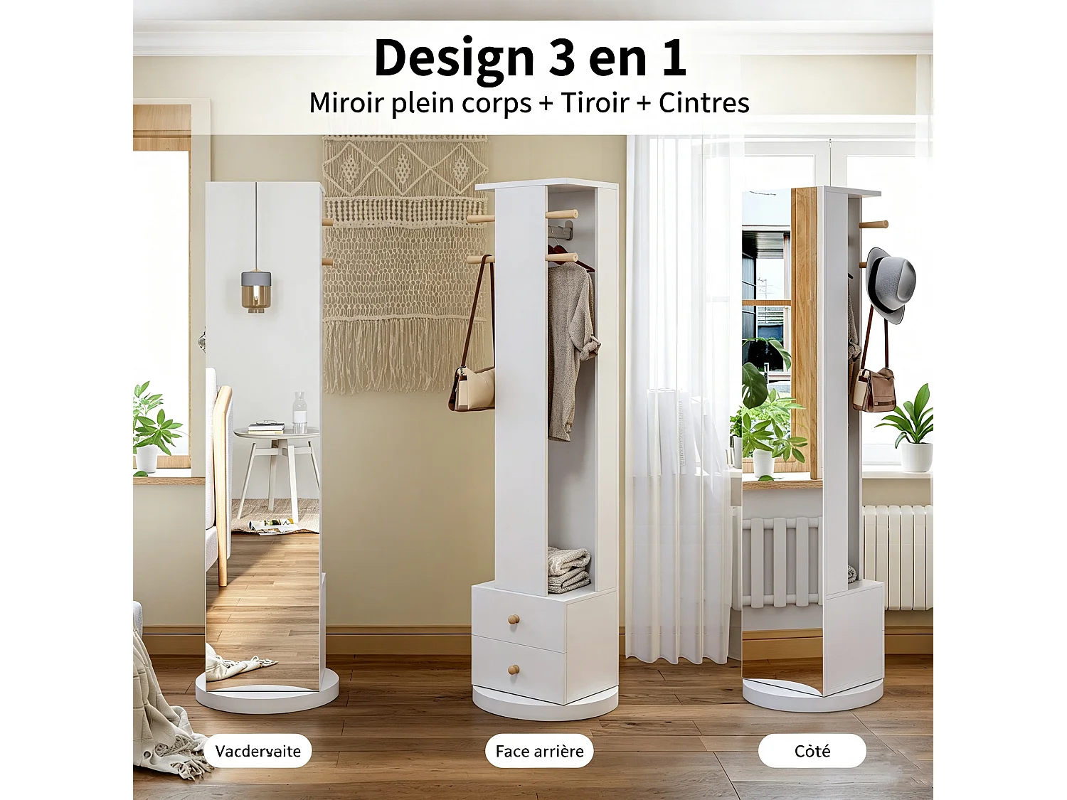 Miroir sur Pied Chambre 360° Rotatif avec tringle à vêtements - 2 Tiroirs et 4 Crochets - Miroir pleine hauteur Blanc 45x28x160cm