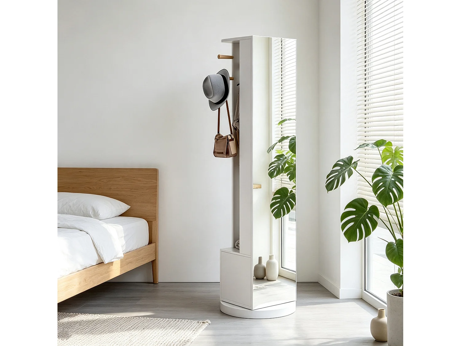 Miroir sur Pied Chambre 360° Rotatif avec tringle à vêtements - 2 Tiroirs et 4 Crochets - Miroir pleine hauteur Blanc 45x28x160cm