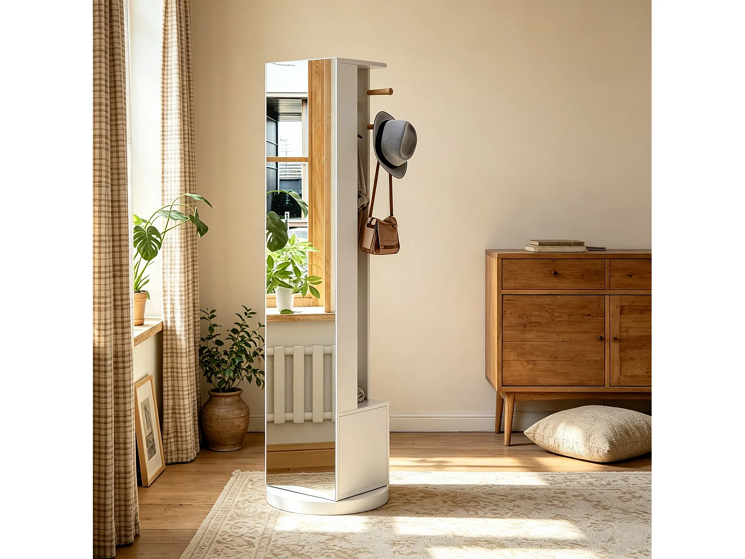 Miroir sur Pied Chambre 360° Rotatif avec tringle à vêtements - 2 Tiroirs et 4 Crochets - Miroir pleine hauteur Blanc 45x28x160cm