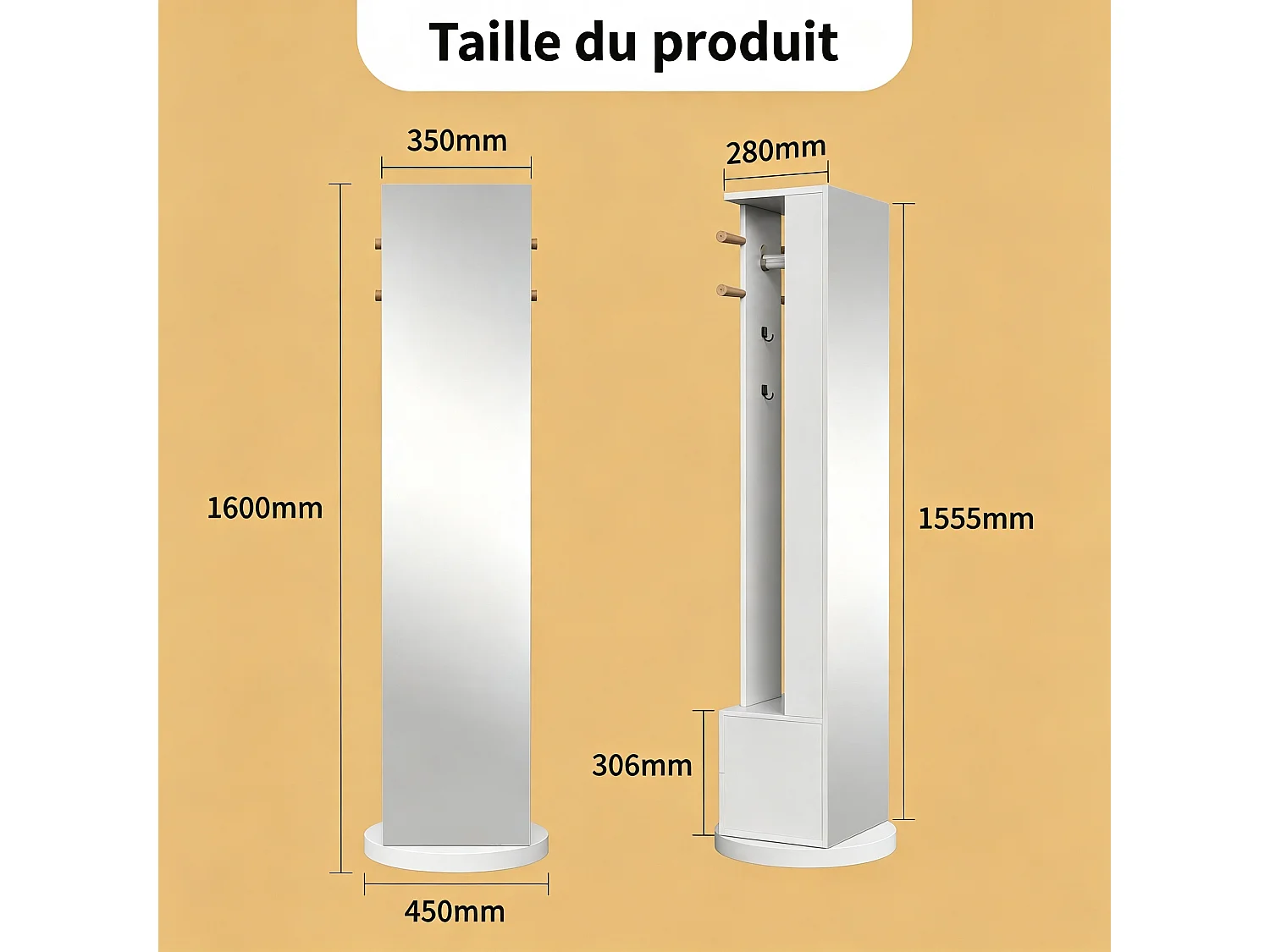 Miroir sur Pied Chambre 360° Rotatif avec tringle à vêtements - 2 Tiroirs et 4 Crochets - Miroir pleine hauteur Blanc 45x28x160cm