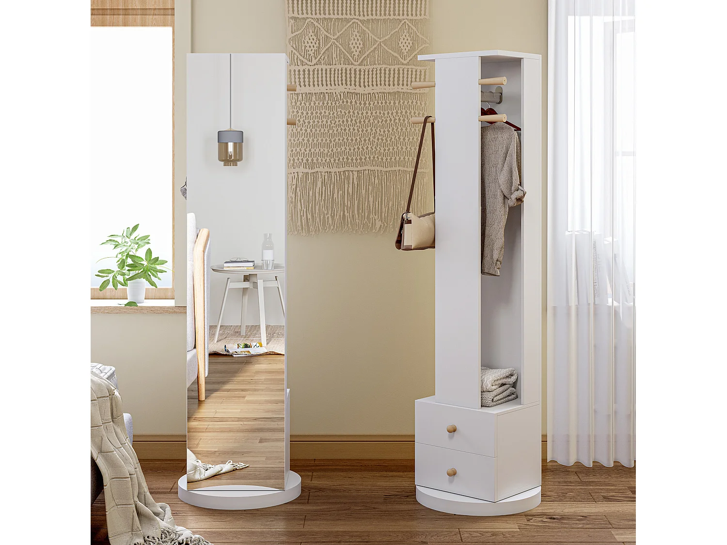 Miroir sur Pied Chambre 360° Rotatif avec tringle à vêtements - 2 Tiroirs et 4 Crochets - Miroir pleine hauteur Blanc 45x28x160cm