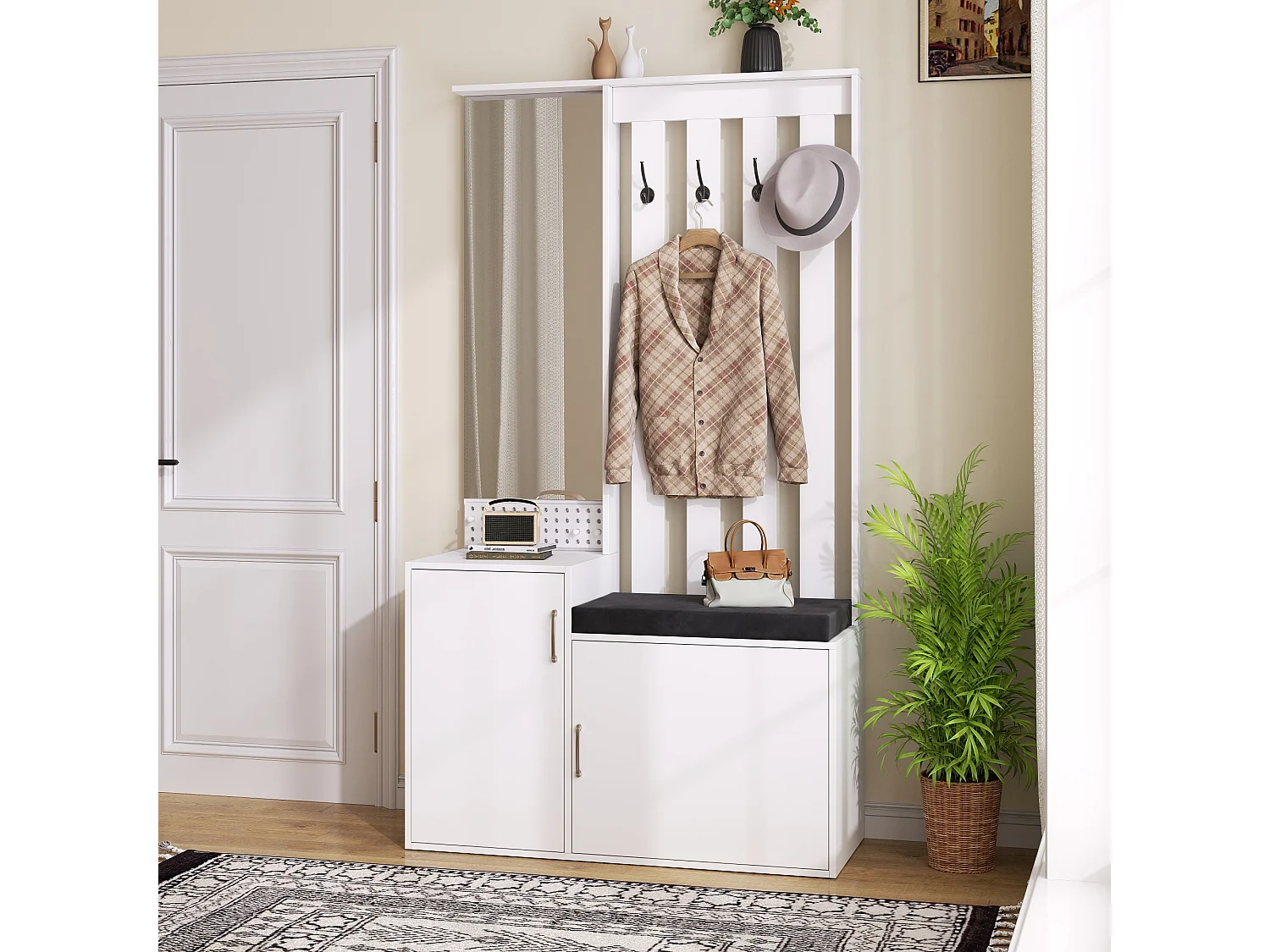 Meuble à Chaussures 6 en 1 avec Miroir et Banc et Porte-Manteau -Porte-manteau mural pour l'entrée - 100x40x180 cm - Blanc