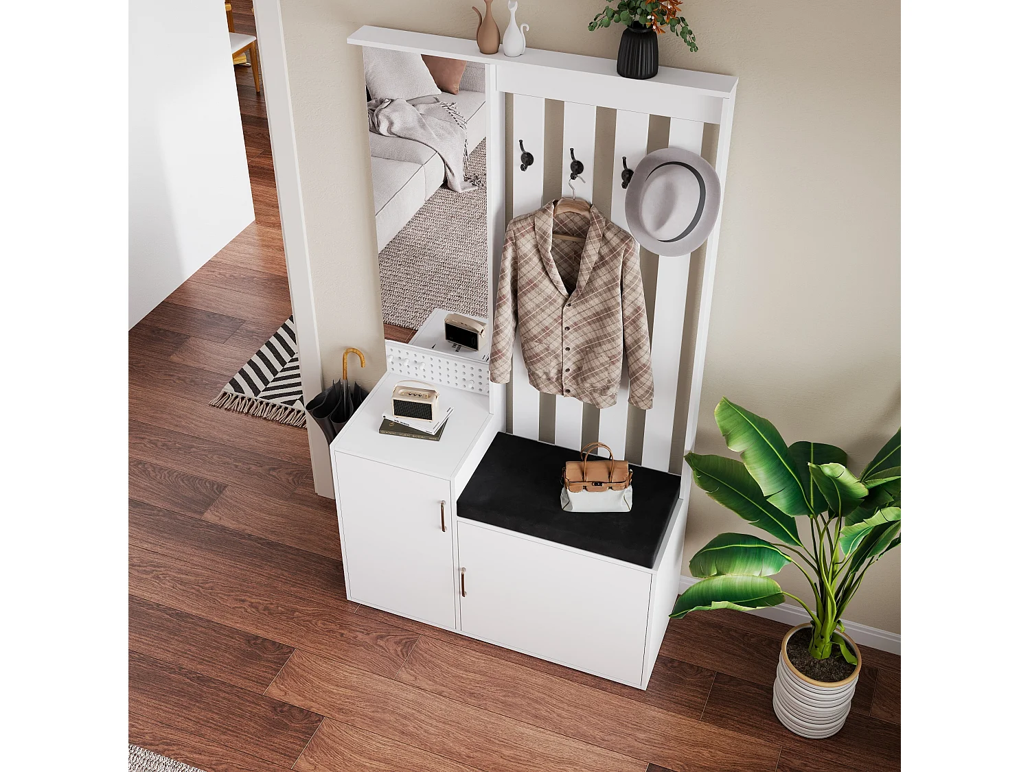 Meuble à Chaussures 6 en 1 avec Miroir et Banc et Porte-Manteau -Porte-manteau mural pour l'entrée - 100x40x180 cm - Blanc