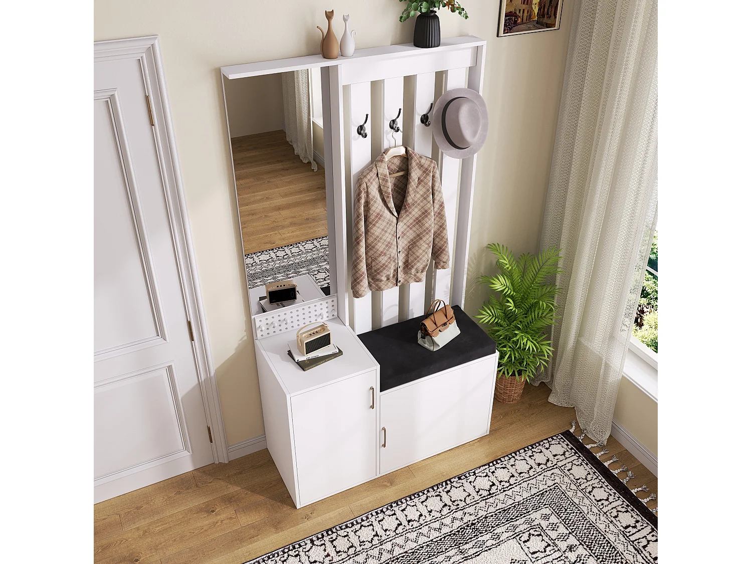 Meuble à Chaussures 6 en 1 avec Miroir et Banc et Porte-Manteau -Porte-manteau mural pour l'entrée - 100x40x180 cm - Blanc