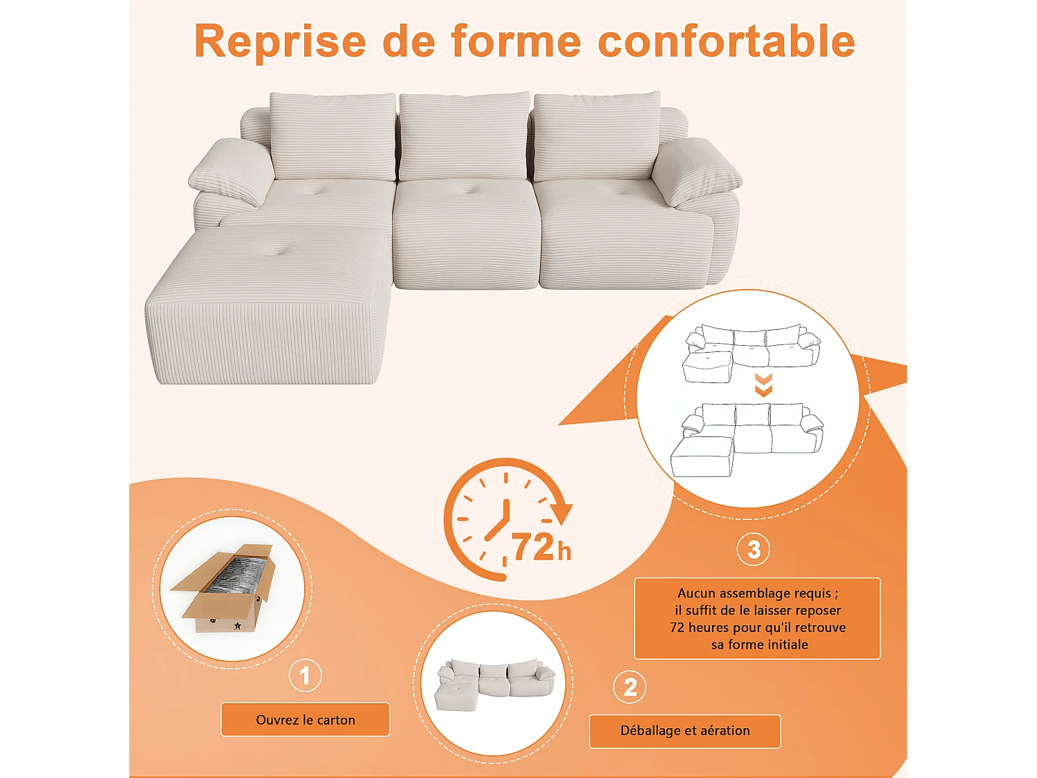 Canapé 3 places,Canapé d'Angle Convertible lit,Mousse Haute Densité,Canapé de compression en forme de L,Tissu velours côtelé,Beige