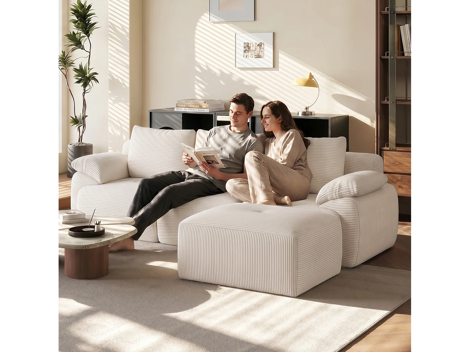 Canapé 3 places,Canapé d'Angle Convertible lit,Mousse Haute Densité,Canapé de compression en forme de L,Tissu velours côtelé,Beige