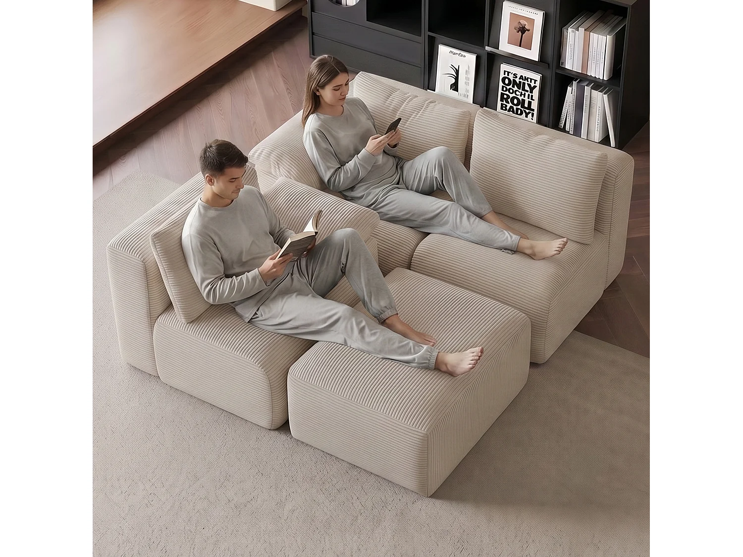 Canapé 3 places,Canapé d'Angle Convertible lit,Mousse Haute Densité,Canapé de compression en forme de L,Tissu velours côtelé,Beige