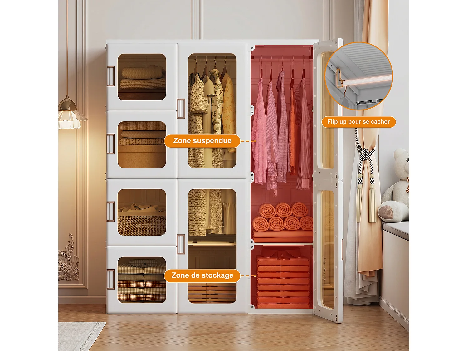 Armoire Penderie avec Portes Transparentes Magnétiques - Matière plastique PP - Armoire Chambre Adulte Pliable 136x104x50cm Blanc