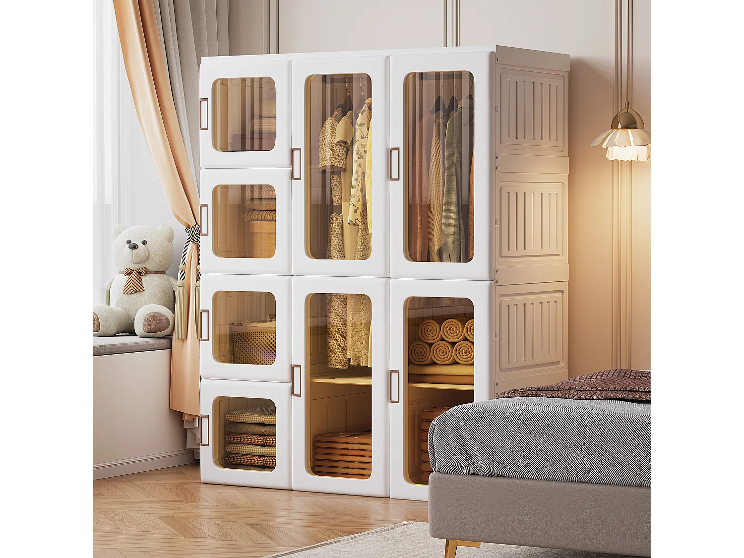 Armoire Penderie avec Portes Transparentes Magnétiques - Matière plastique PP - Armoire Chambre Adulte Pliable 136x104x50cm Blanc