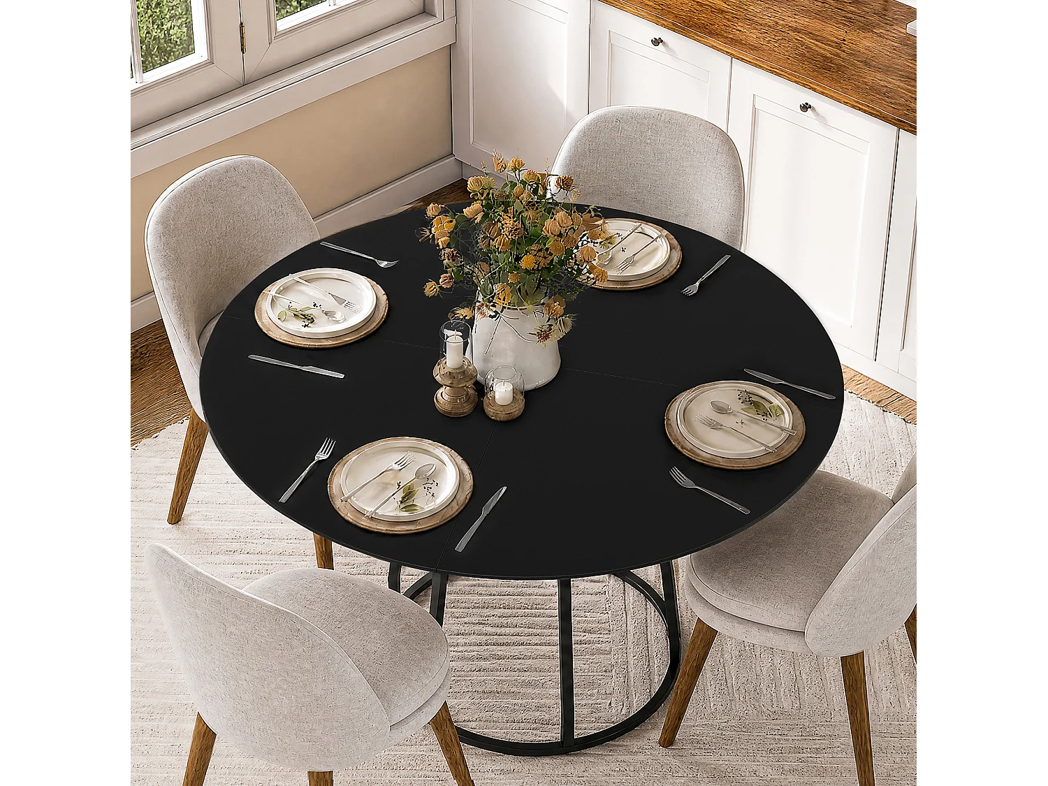 Table à Manger Ronde 120x75cm pour 4-6 Personnes - Table de Cuisine MDF Anti-Rayures - Étagère Intégrée - Pieds Réglables - Noir