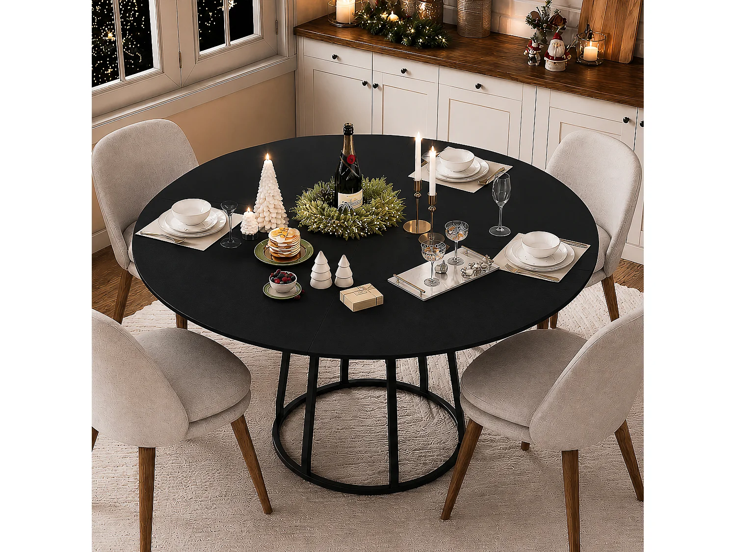 Table à Manger Ronde 120x75cm pour 4-6 Personnes - Table de Cuisine MDF Anti-Rayures - Étagère Intégrée - Pieds Réglables - Noir