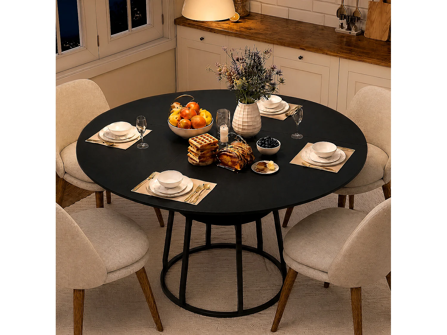 Table à Manger Ronde 120x75cm pour 4-6 Personnes - Table de Cuisine MDF Anti-Rayures - Étagère Intégrée - Pieds Réglables - Noir