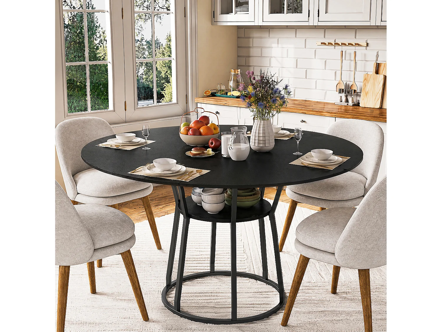 Table à Manger Ronde 120x75cm pour 4-6 Personnes - Table de Cuisine MDF Anti-Rayures - Étagère Intégrée - Pieds Réglables - Noir