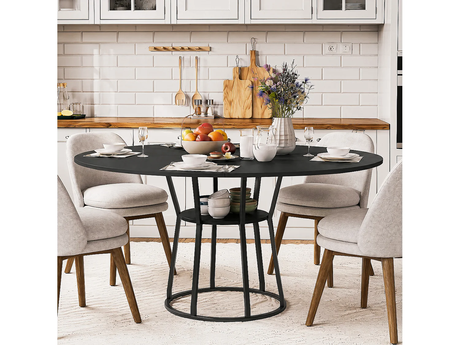 Table à Manger Ronde 120x75cm pour 4-6 Personnes - Table de Cuisine MDF Anti-Rayures - Étagère Intégrée - Pieds Réglables - Noir