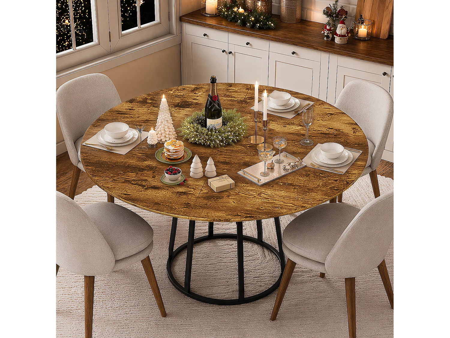 Table à Manger Ronde 120x75cm pour 4-6 Personnes - Table de Cuisine MDF Anti-Rayures - Étagère Intégrée - Pieds Réglables - Marron