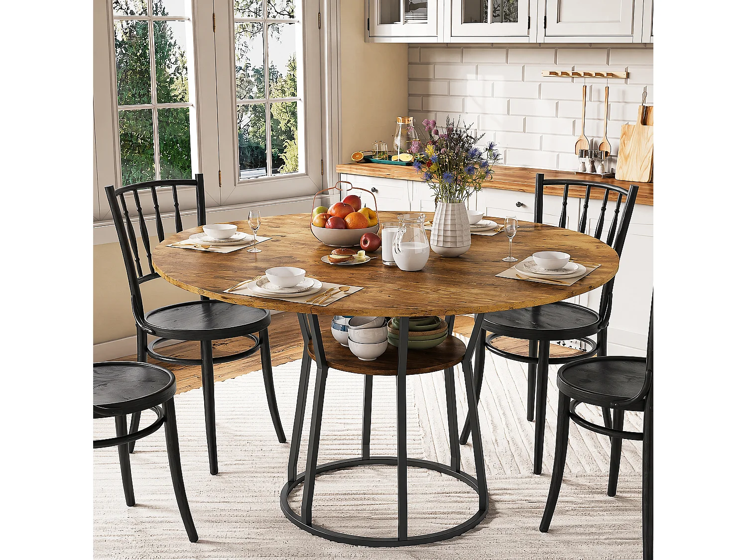 Table à Manger Ronde 120x75cm pour 4-6 Personnes - Table de Cuisine MDF Anti-Rayures - Étagère Intégrée - Pieds Réglables - Marron
