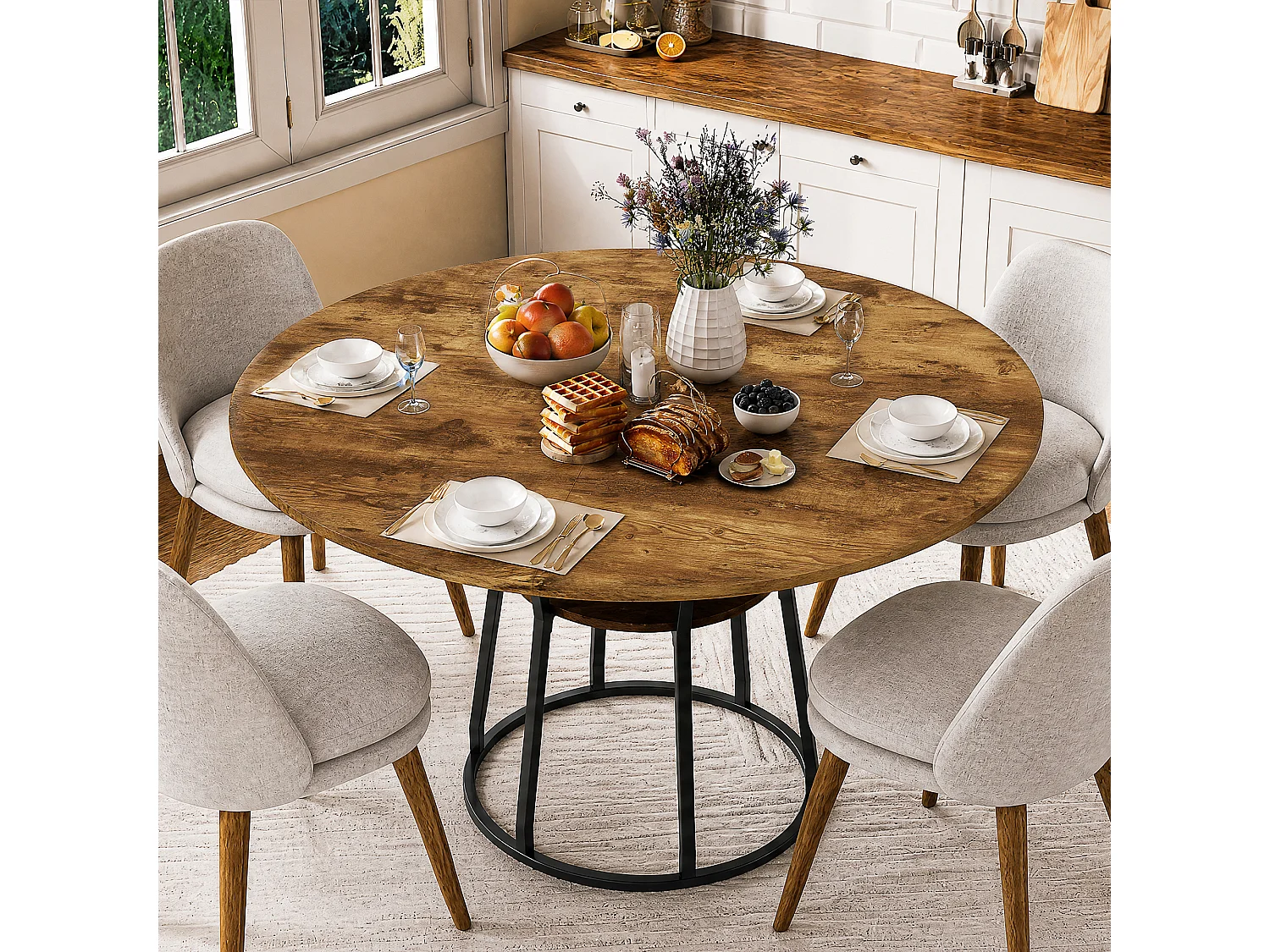 Table à Manger Ronde 120x75cm pour 4-6 Personnes - Table de Cuisine MDF Anti-Rayures - Étagère Intégrée - Pieds Réglables - Marron