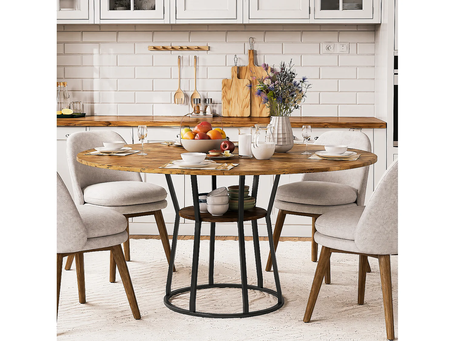 Table à Manger Ronde 120x75cm pour 4-6 Personnes - Table de Cuisine MDF Anti-Rayures - Étagère Intégrée - Pieds Réglables - Marron