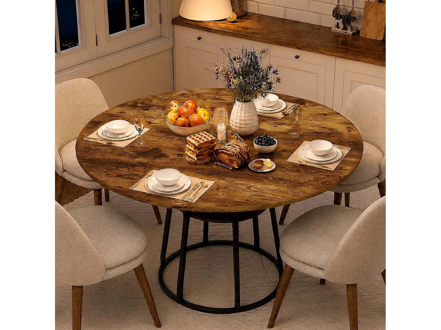 Table à Manger Ronde 120x75cm pour 4-6 Personnes - Table de Cuisine MDF Anti-Rayures - Étagère Intégrée - Pieds Réglables - Marron