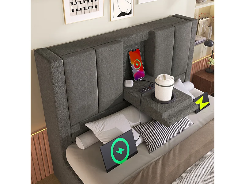 Letto contenitore 90x200cm, in lino, con portabicchieri, USB e Type-C, Grigio