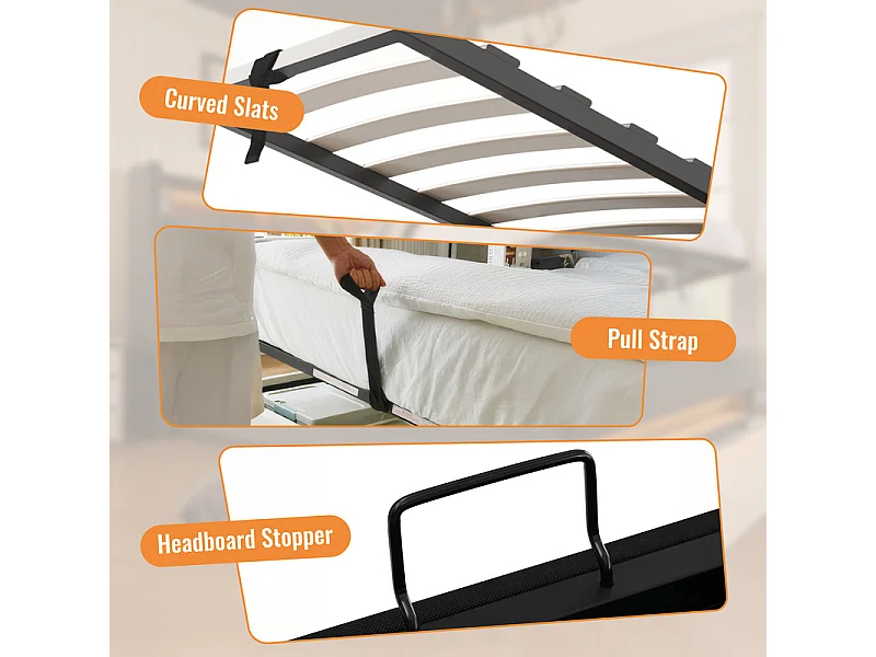 Letto contenitore 90x200cm, in lino, con portabicchieri, USB e Type-C, Grigio