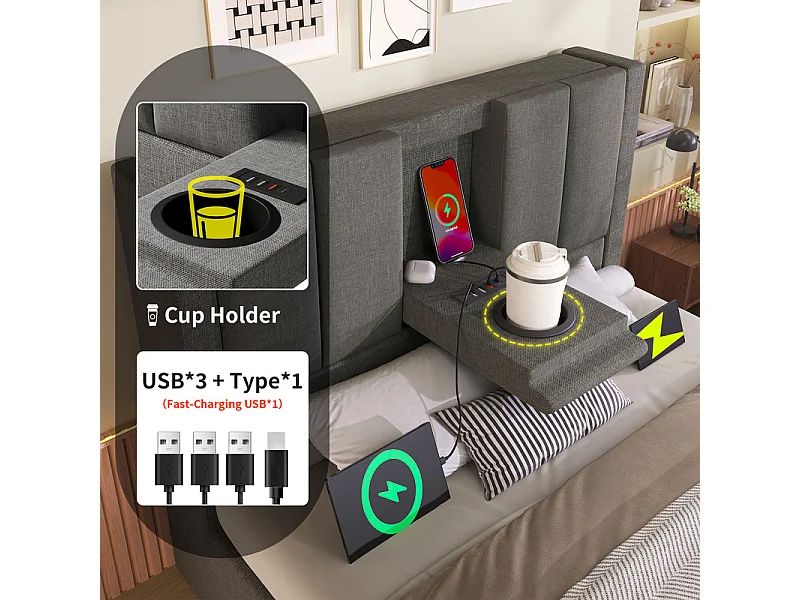 Letto contenitore 90x200cm, in lino, con portabicchieri, USB e Type-C, Grigio