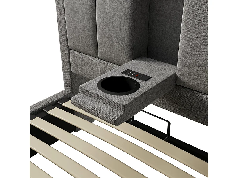 Letto contenitore 90x200cm, in lino, con portabicchieri, USB e Type-C, Grigio