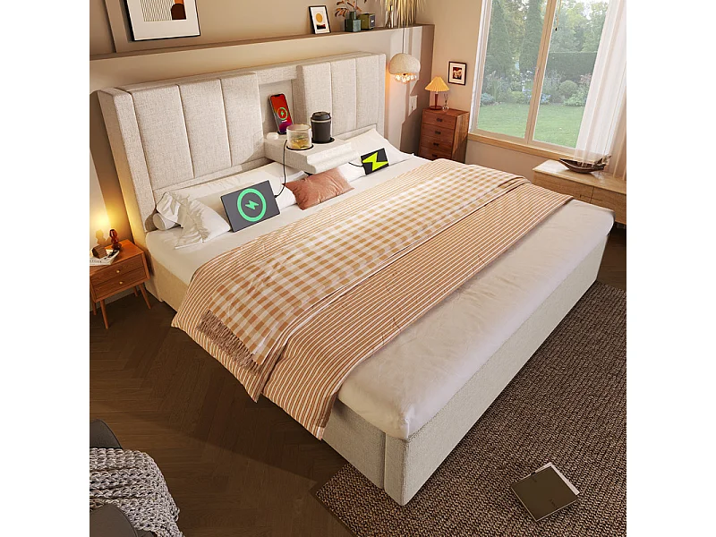 Sengkiste med madras - 140x200cm - i hør - 2 kopholdere, USB og Type-C - Beige