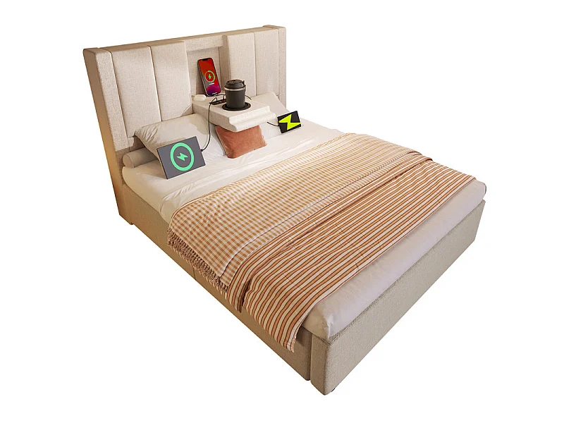 Sengkiste mit Matratze - 90x200cm - in Leinen - mit Getränkehalter, USB und Type-C - Beige