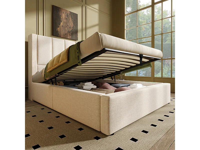 Sengkiste mit Matratze - 90x200cm - in Leinen - mit Getränkehalter, USB und Type-C - Beige