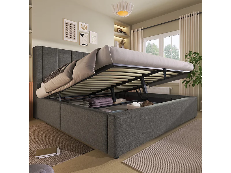 Letto contenitore con comodino - 180x200cm - in lino - con 2 portabicchieri, USB e Type-C - Grigio
