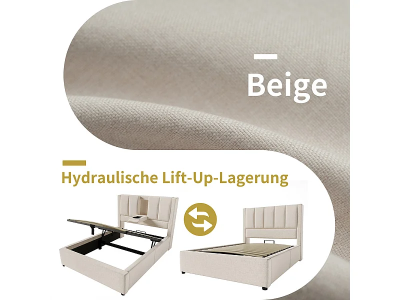 Sängkista 90x200cm, i linne, med mugghållare, USB och Type-C, Beige