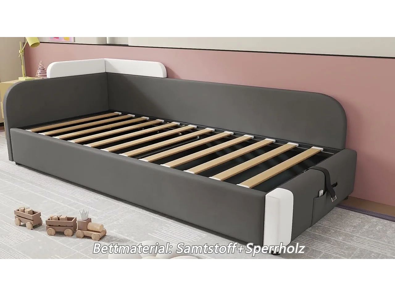 Lit coffre 2 x 90 x 200 cm en velours - avec barrière de sécurité - Gris