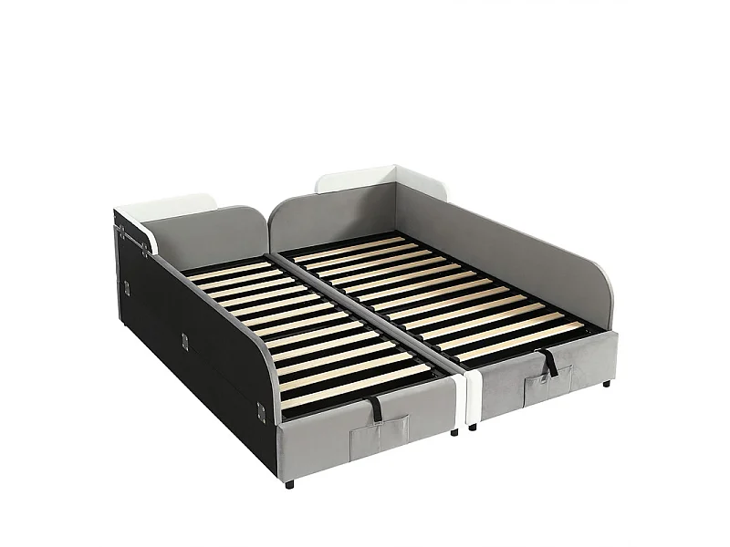 Lit coffre 2 x 90 x 200 cm en velours - avec barrière de sécurité - Gris