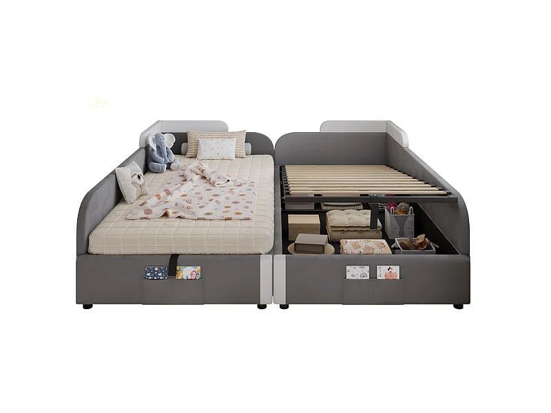 Lit coffre 2 x 90 x 200 cm en velours - avec barrière de sécurité - Gris