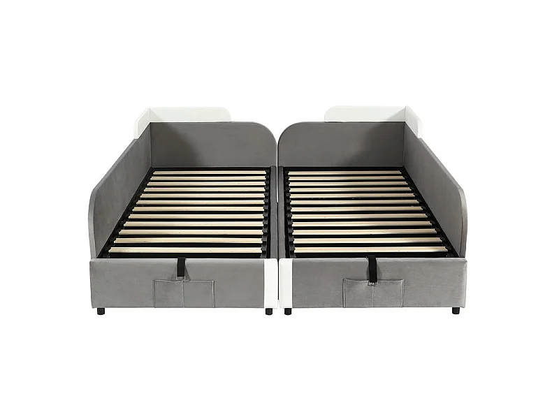 Lit coffre 2 x 90 x 200 cm en velours - avec barrière de sécurité - Gris