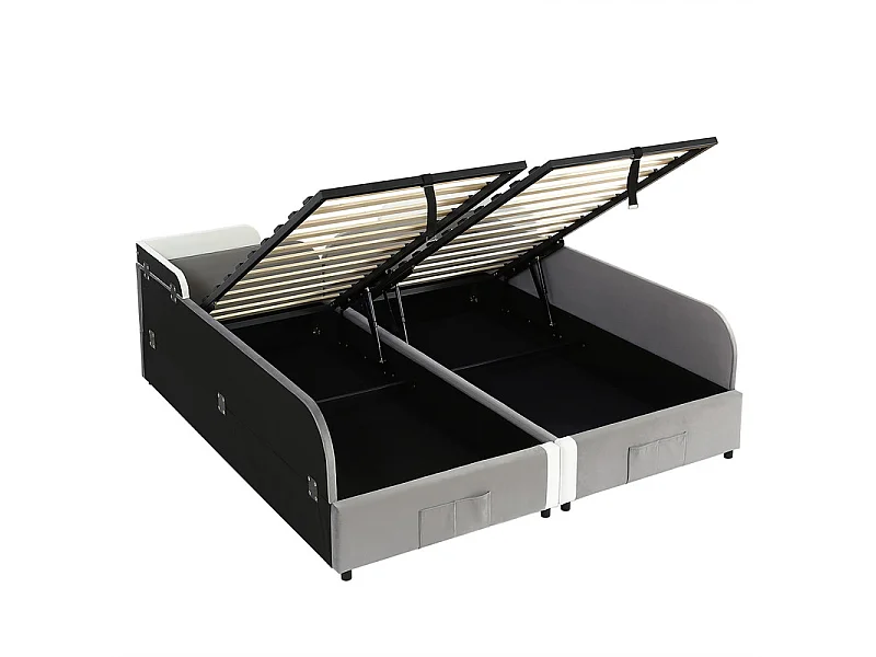 Lit coffre 2 x 90 x 200 cm en velours - avec barrière de sécurité - Gris