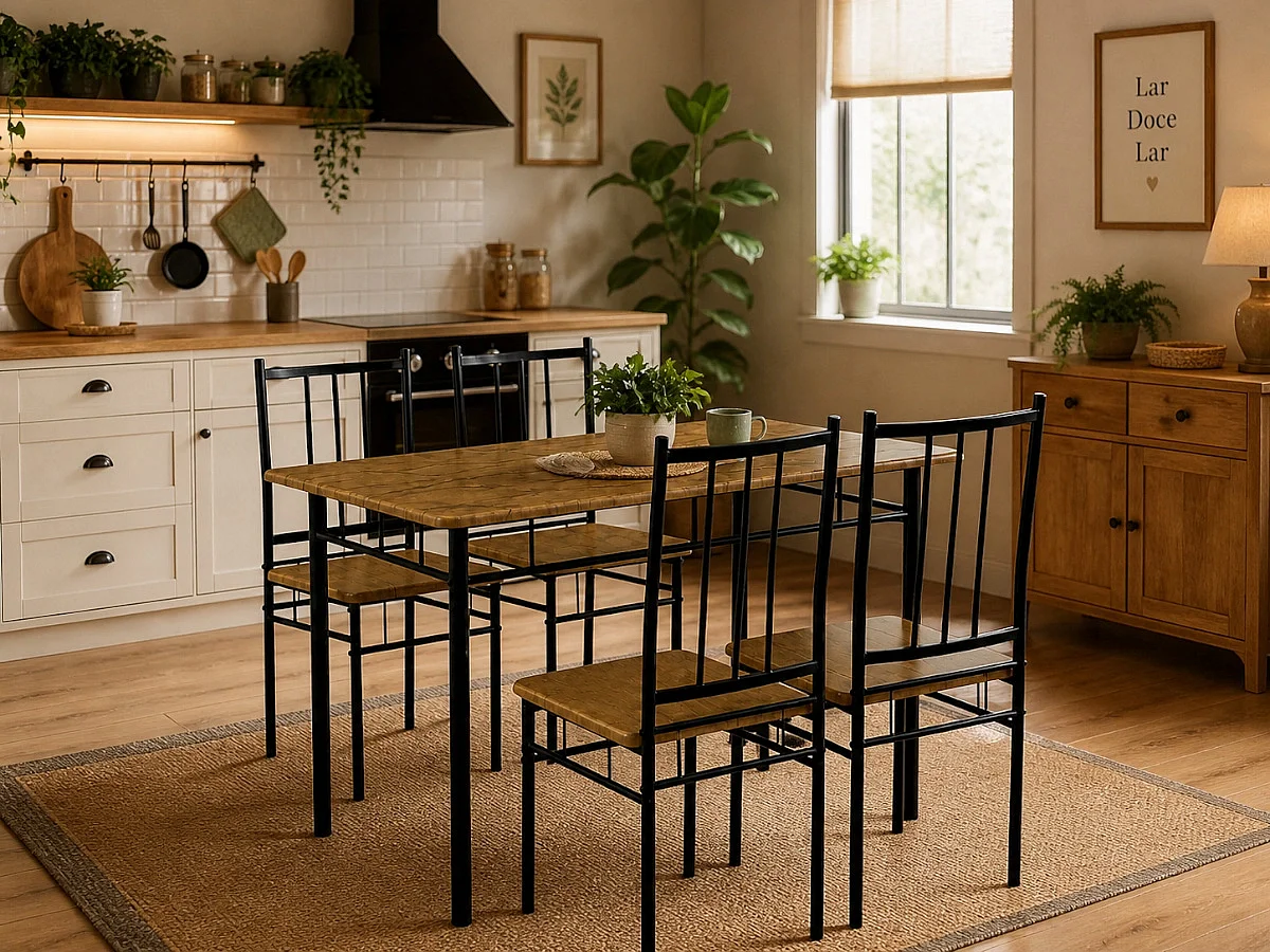 Conjunto de Mesa + 4 Cadeiras, Brand (Preto, Madeira)