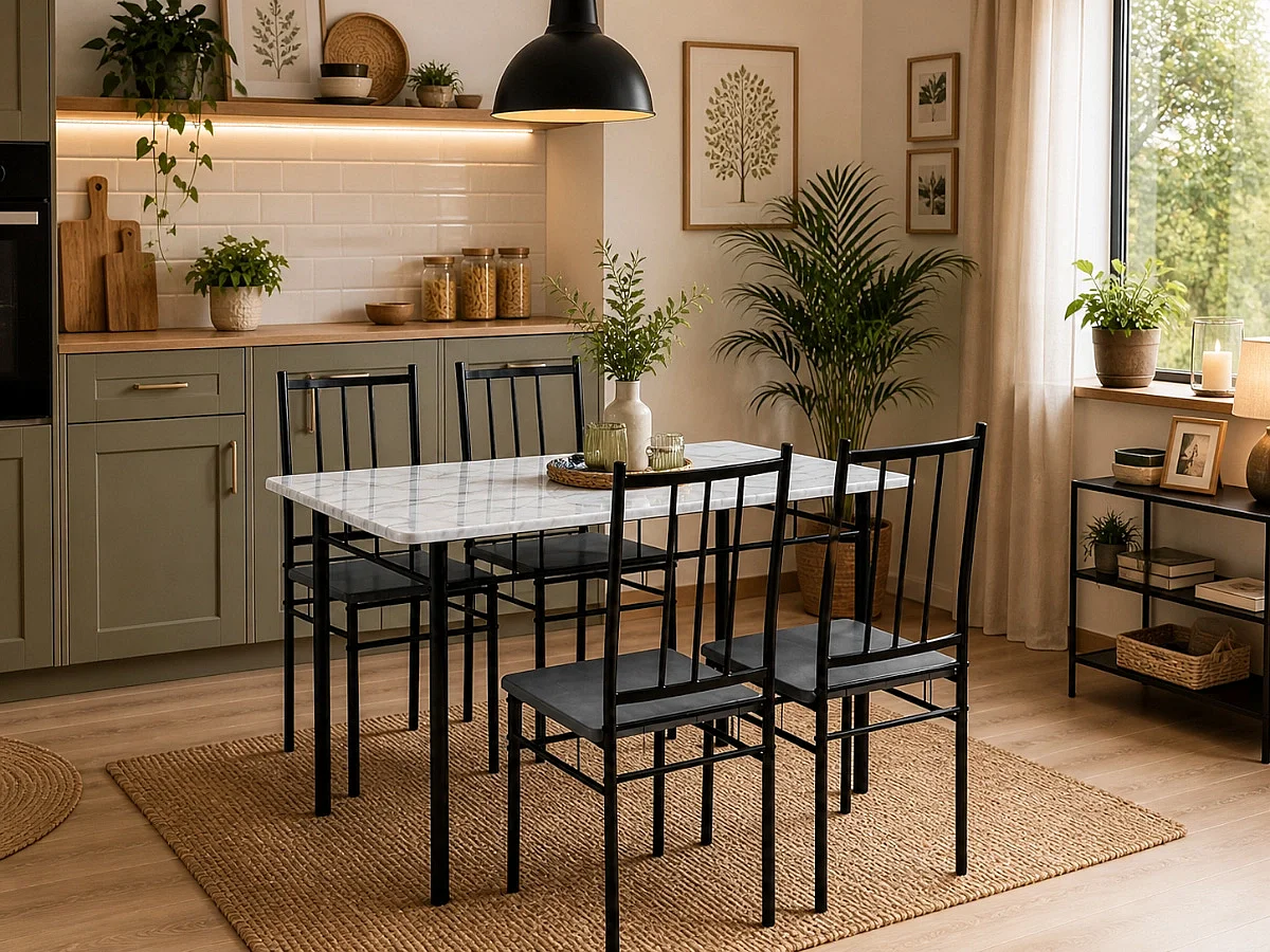 Conjunto de Mesa + 4 Cadeiras, Brand (Preto, Mármore)