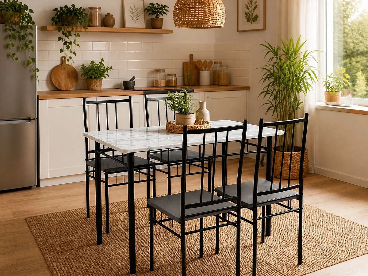 Conjunto de Mesa + 4 Cadeiras, Brand (Preto, Mármore)