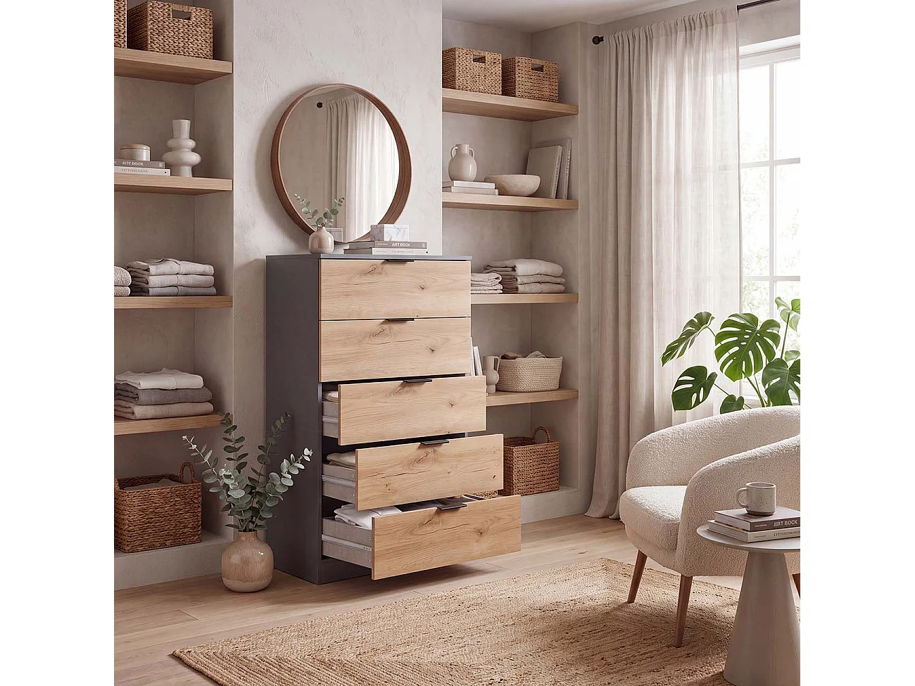 Cómoda alta de 5 cajones en gris grafito y alpine oak 60x110 cm Akari Gris Grafito - Alpine Oak