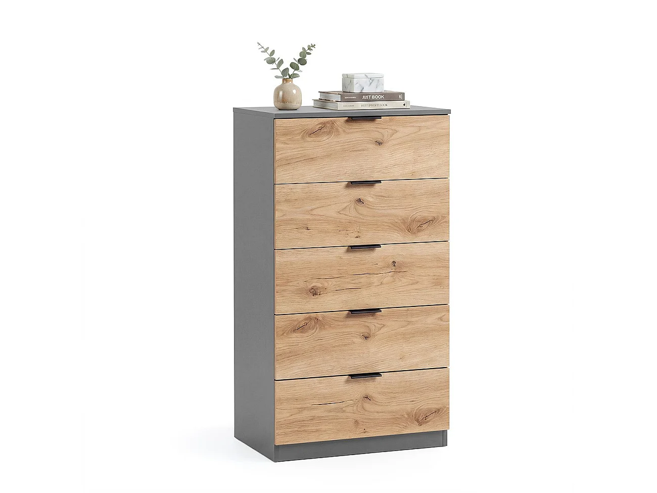 Cómoda alta de 5 cajones en gris grafito y alpine oak 60x110 cm Akari Gris Grafito - Alpine Oak