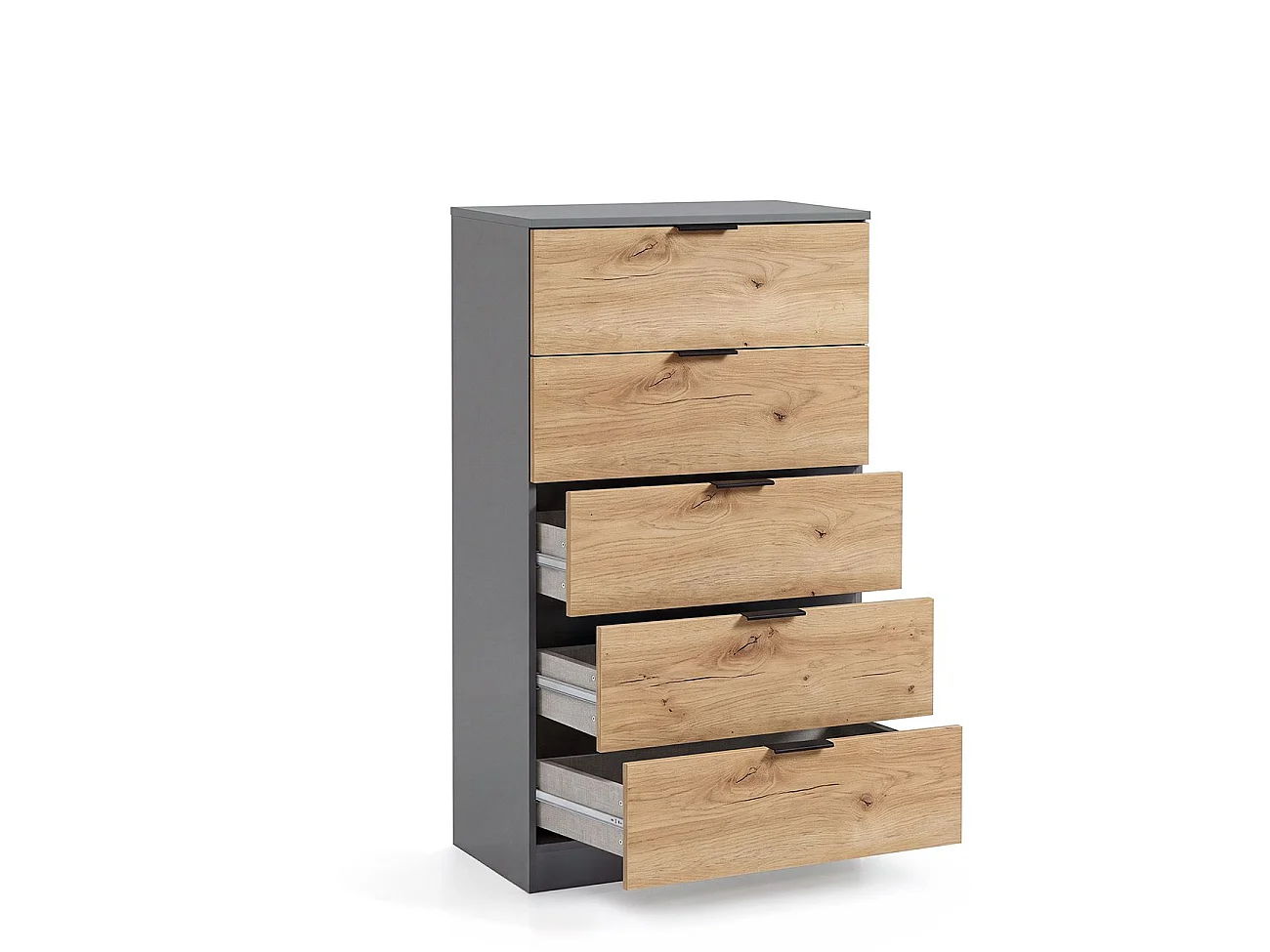 Cómoda alta de 5 cajones en gris grafito y alpine oak 60x110 cm Akari Gris Grafito - Alpine Oak
