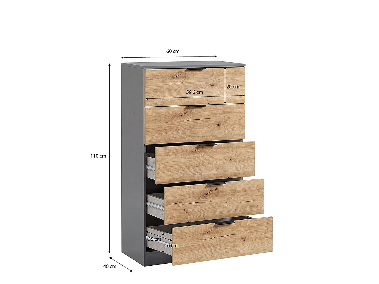 Cómoda alta de 5 cajones en gris grafito y alpine oak 60x110 cm Akari Gris Grafito - Alpine Oak