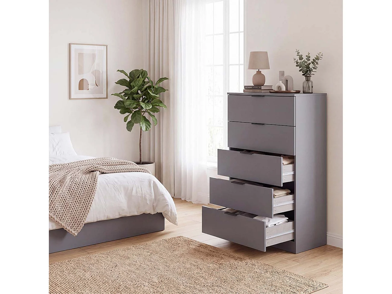 Cómoda alta de 5 cajones en gris grafito 60x110 cm Akari Gris Grafito