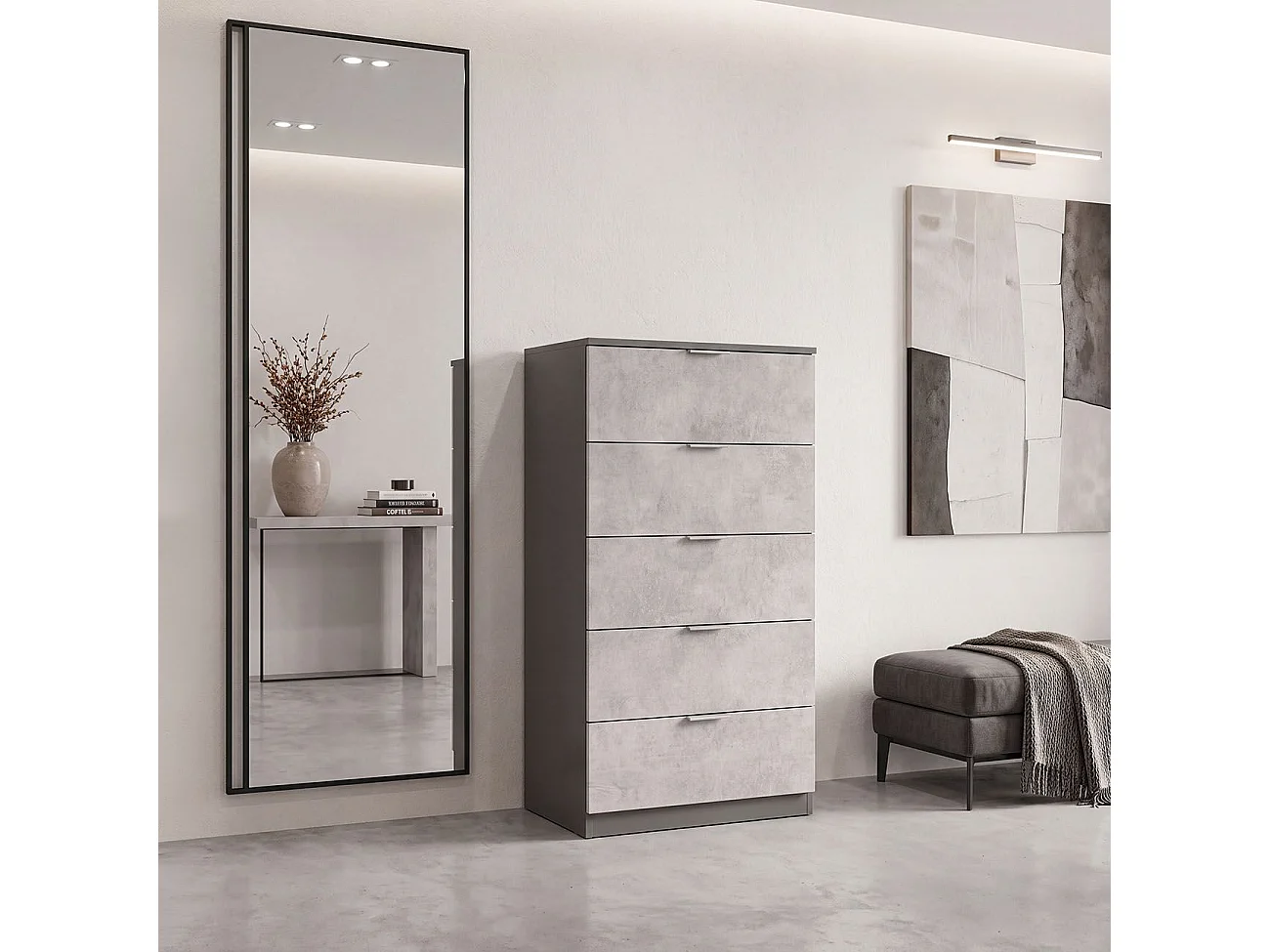 Cómoda alta de 5 cajones en gris grafito y gris cemento 60x110 cm Akari Gris Grafito - Gris Cemento