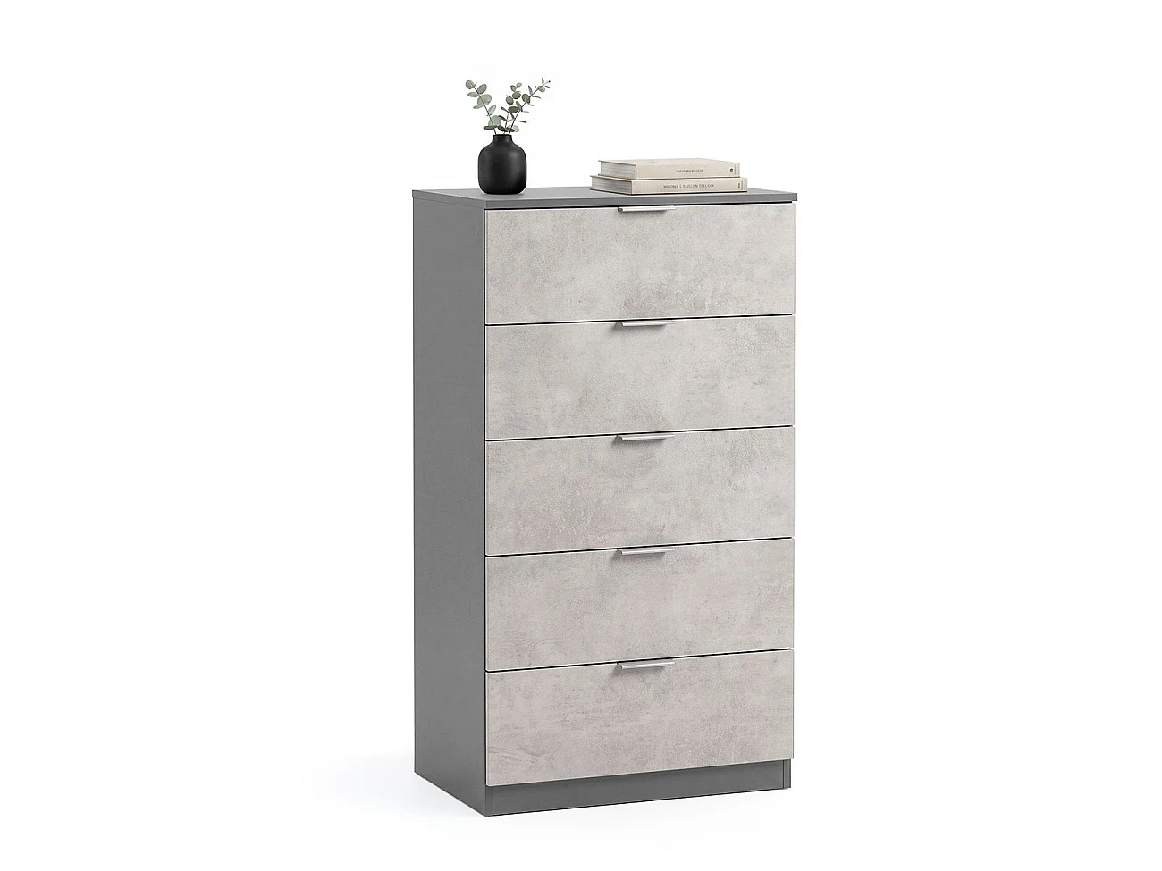 Cómoda alta de 5 cajones en gris grafito y gris cemento 60x110 cm Akari Gris Grafito - Gris Cemento