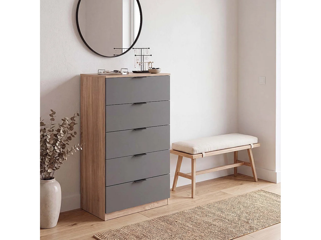 Cómoda alta de 5 cajones en roble canadian y gris grafito 60x110 cm Akari Roble Canadian - Gris Grafito